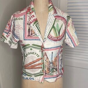 Rachel Zoe Vacation Graphic Button-Up linen Shirt szS NWT